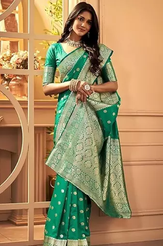 Teal green silk blend banarasi saree with unstitched blouse piece