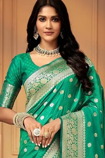 Teal green silk blend banarasi saree with unstitched blouse piece