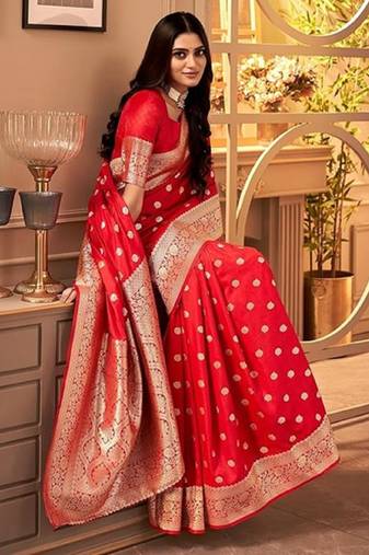 Red soft silk blend banarasi jacuard work designer party wear saree with unstitched blouse piece