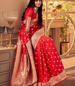 Red soft silk blend banarasi jacuard work designer party wear saree with unstitched blouse piece