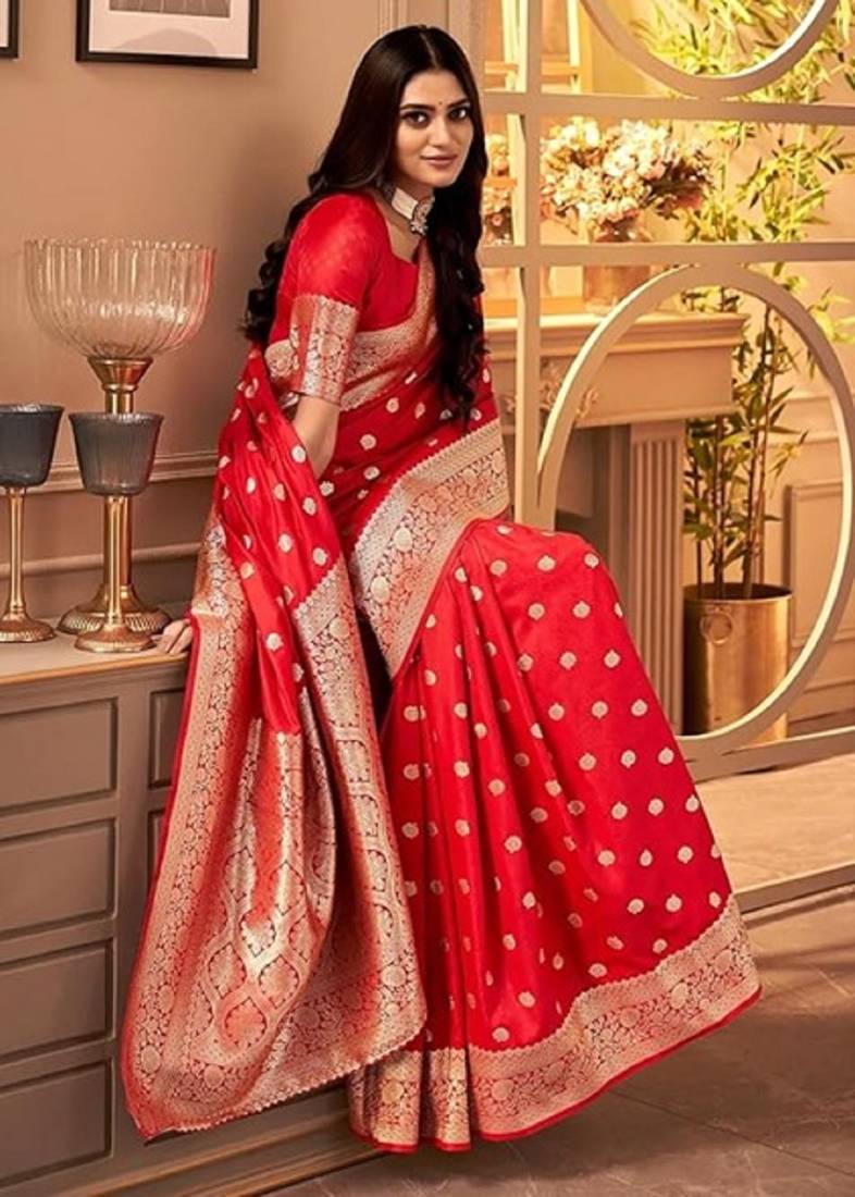 Red soft silk blend banarasi jacuard work designer party wear saree with unstitched blouse piece
