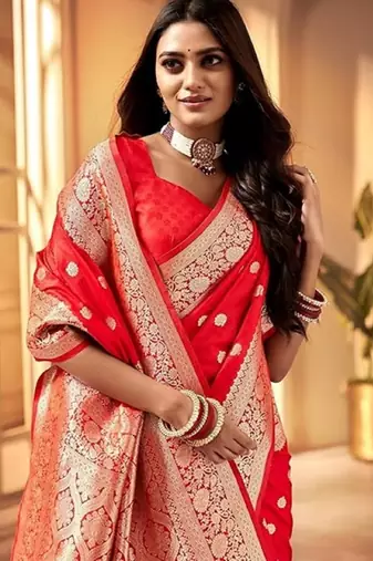 Red silk blend banarasi saree with unstitched blouse piece