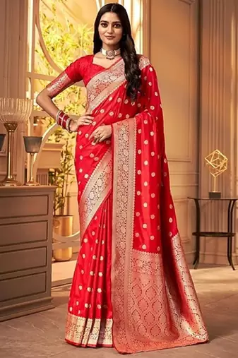 Red silk blend banarasi saree with unstitched blouse piece