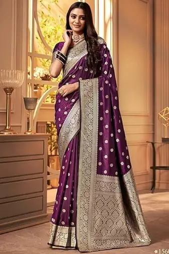 Wine soft silk blend banarasi jacuard work designer party wear saree with unstitched blouse piece