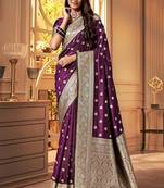 Wine soft silk blend banarasi jacuard work designer party wear saree with unstitched blouse piece