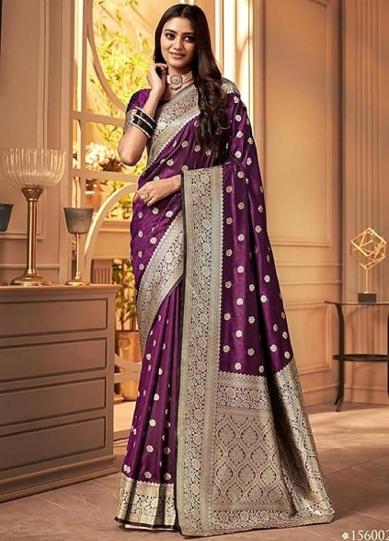 Wine soft silk blend banarasi jacuard work designer party wear saree with unstitched blouse piece