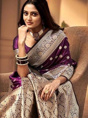 Wine silk blend banarasi saree with unstitched blouse piece 2