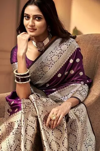 Wine silk blend banarasi saree with unstitched blouse piece