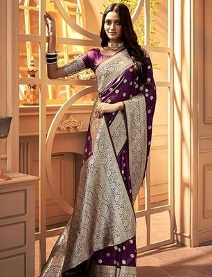 Wine silk blend banarasi saree with unstitched blouse piece 3