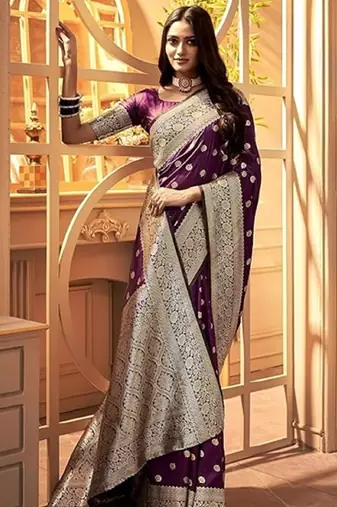 Wine silk blend banarasi saree with unstitched blouse piece