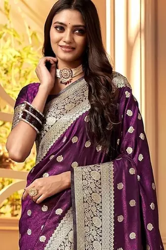 Wine silk blend banarasi saree with unstitched blouse piece
