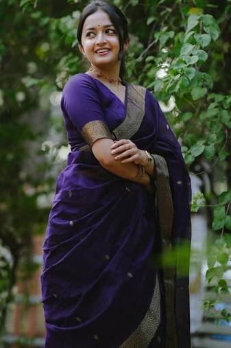 Purple soft silk blend banarasi jacuard work designer party wear saree with unstitched blouse piece