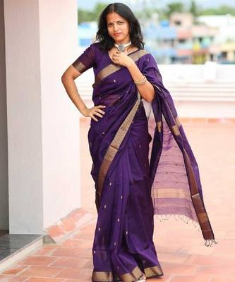 Purple silk blend banarasi saree with unstitched blouse piece 1