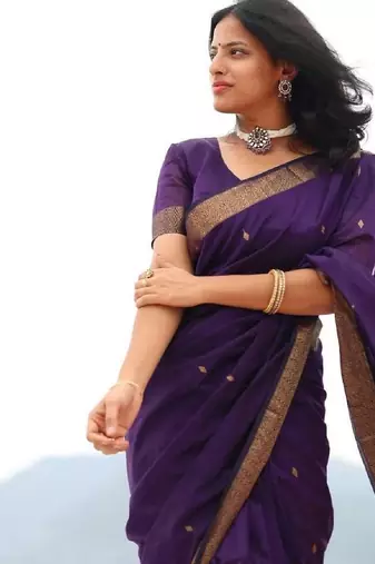 Purple silk blend banarasi saree with unstitched blouse piece