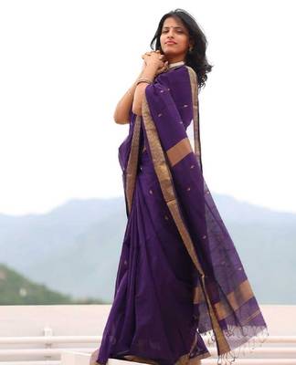 Purple silk blend banarasi saree with unstitched blouse piece 4