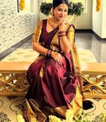 Maroon soft silk blend banarasi jacuard work designer party wear saree with unstitched blouse piece