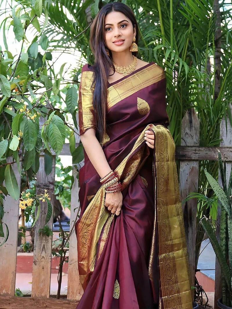 Maroon soft silk blend banarasi jacuard work designer party wear saree with unstitched blouse piece