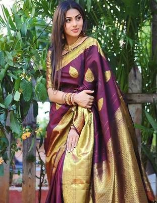 Maroon silk blend banarasi saree with unstitched blouse piece 3