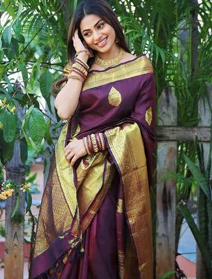 Maroon silk blend banarasi saree with unstitched blouse piece 4