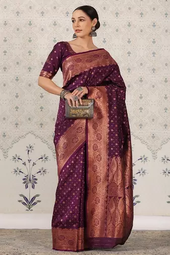 Wine soft silk blend banarasi jacuard work designer party wear saree with unstitched blouse piece