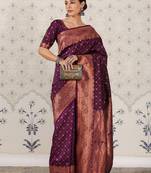 Wine soft silk blend banarasi jacuard work designer party wear saree with unstitched blouse piece