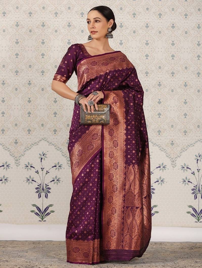 Wine soft silk blend banarasi jacuard work designer party wear saree with unstitched blouse piece