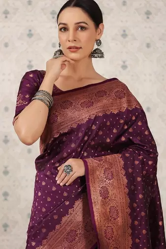 Wine silk blend banarasi saree with unstitched blouse piece