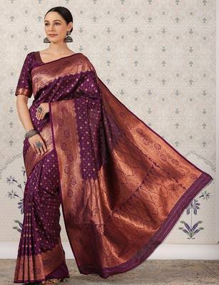 Wine silk blend banarasi saree with unstitched blouse piece 3