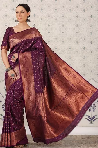 Wine silk blend banarasi saree with unstitched blouse piece