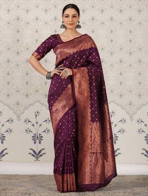 Wine silk blend banarasi saree with unstitched blouse piece 4