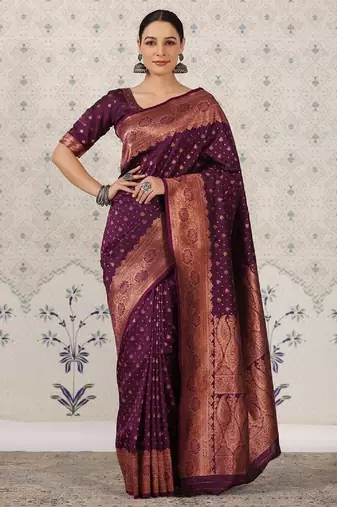 Wine silk blend banarasi saree with unstitched blouse piece