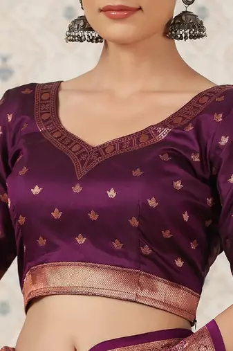 Wine silk blend banarasi saree with unstitched blouse piece