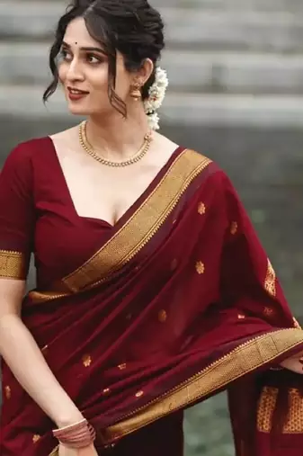 Maroon soft silk blend banarasi jacuard work designer party wear saree with unstitched blouse piece