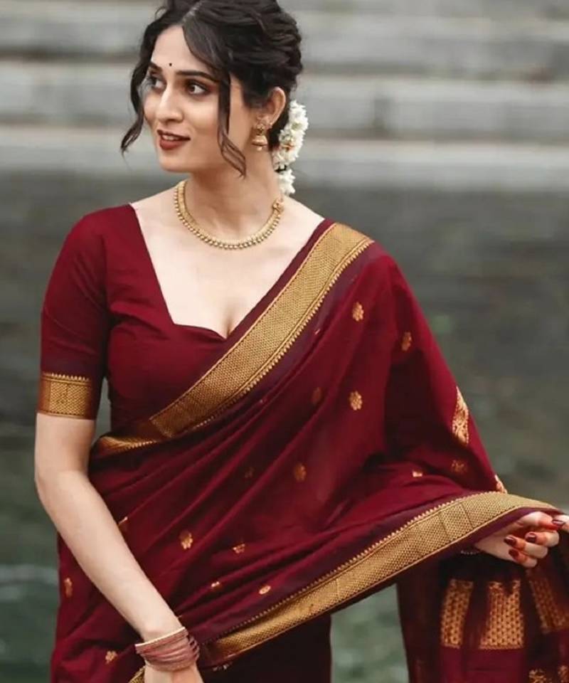Maroon soft silk blend banarasi jacuard work designer party wear saree with unstitched blouse piece