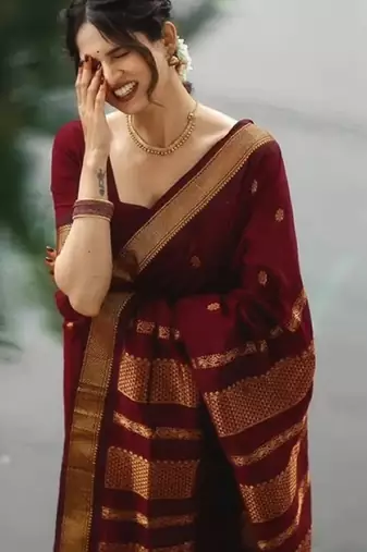 Maroon soft silk blend banarasi jacuard work designer party wear saree with unstitched blouse piece