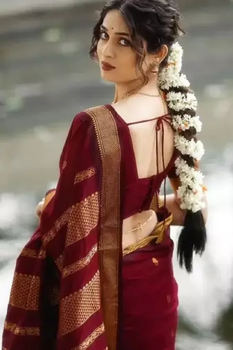 Maroon soft silk blend banarasi jacuard work designer party wear saree with unstitched blouse piece