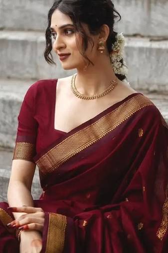 Maroon soft silk blend banarasi jacuard work designer party wear saree with unstitched blouse piece