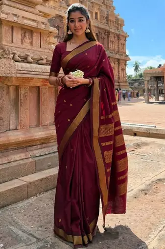 Maroon soft silk blend banarasi jacuard work designer party wear saree with unstitched blouse piece