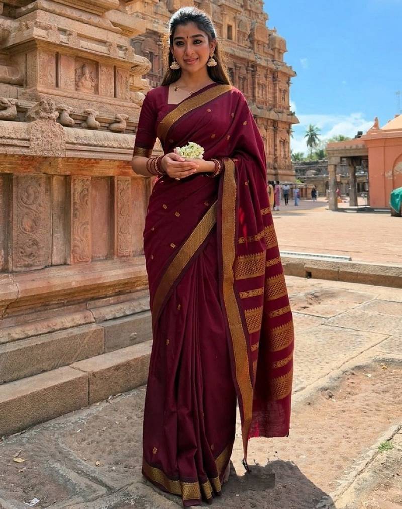 Maroon soft silk blend banarasi jacuard work designer party wear saree with unstitched blouse piece