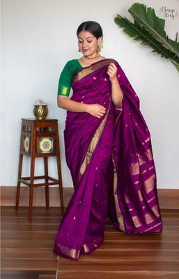 Purple silk blend banarasi saree with unstitched blouse piece 1