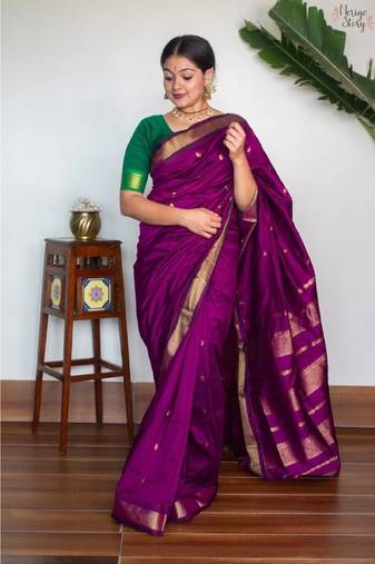 Purple soft silk blend banarasi jacuard work designer party wear saree with unstitched blouse piece