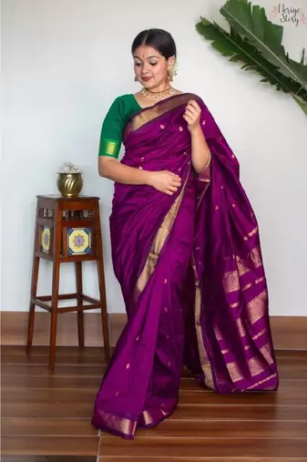 Purple soft silk blend banarasi jacuard work designer party wear saree with unstitched blouse piece