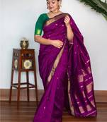 Purple silk blend banarasi saree with unstitched blouse piece