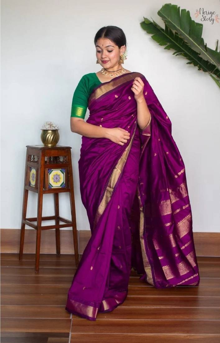 Purple soft silk blend banarasi jacuard work designer party wear saree with unstitched blouse piece