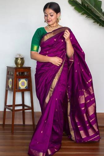 Purple soft silk blend banarasi jacuard work designer party wear saree with unstitched blouse piece
