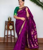 Purple soft silk blend banarasi jacuard work designer party wear saree with unstitched blouse piece