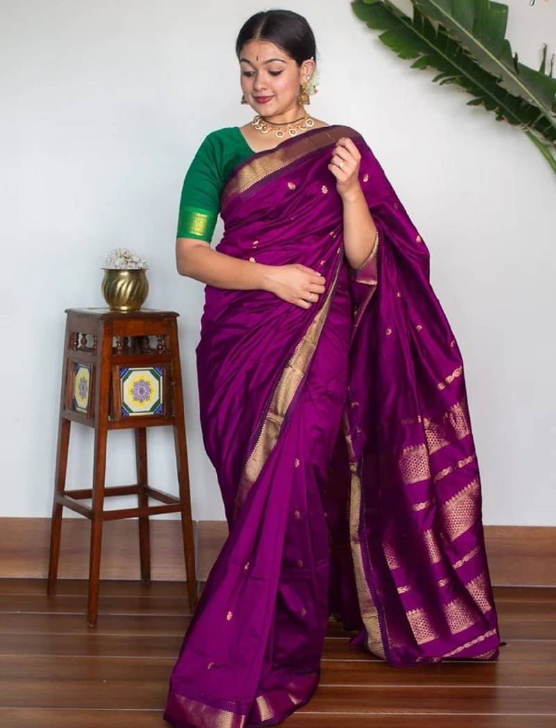 Purple soft silk blend banarasi jacuard work designer party wear saree with unstitched blouse piece