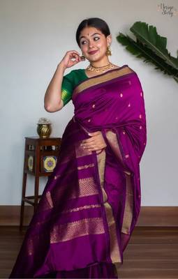 Purple silk blend banarasi saree with unstitched blouse piece 2