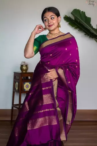 Purple silk blend banarasi saree with unstitched blouse piece