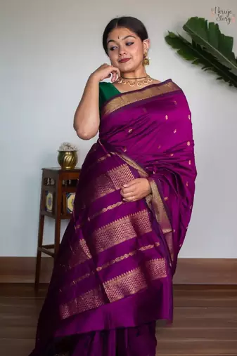Purple silk blend banarasi saree with unstitched blouse piece